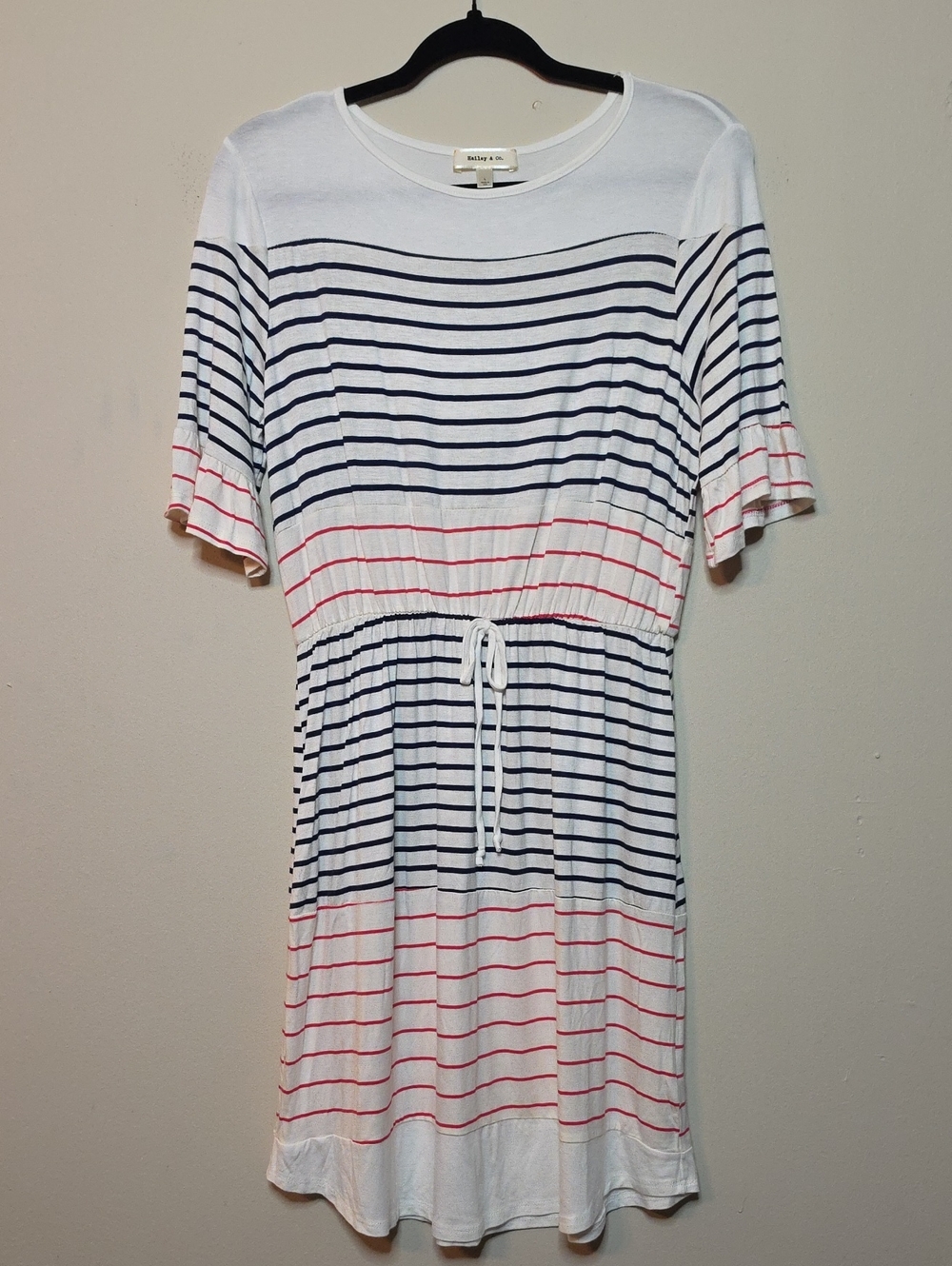 Hailey & CO. Striped Short Sleeve Faux Ties Waist Dress - White, Navy & Red